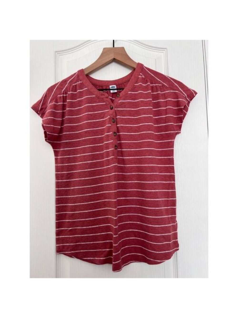 Women's Warm Pink Stripe Dolman Short Sleeve Henley Top Size XS